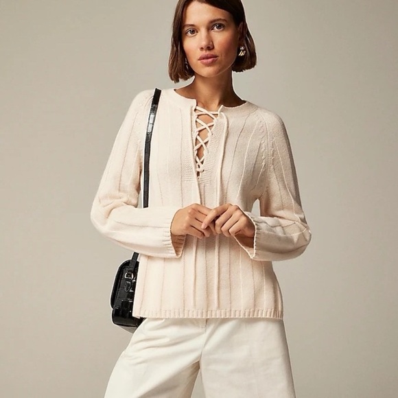 New J.Crew Cream Cashmere Lace Up Beach Sweater Sz XXL 18 Fall 2024 - Picture 2 of 11